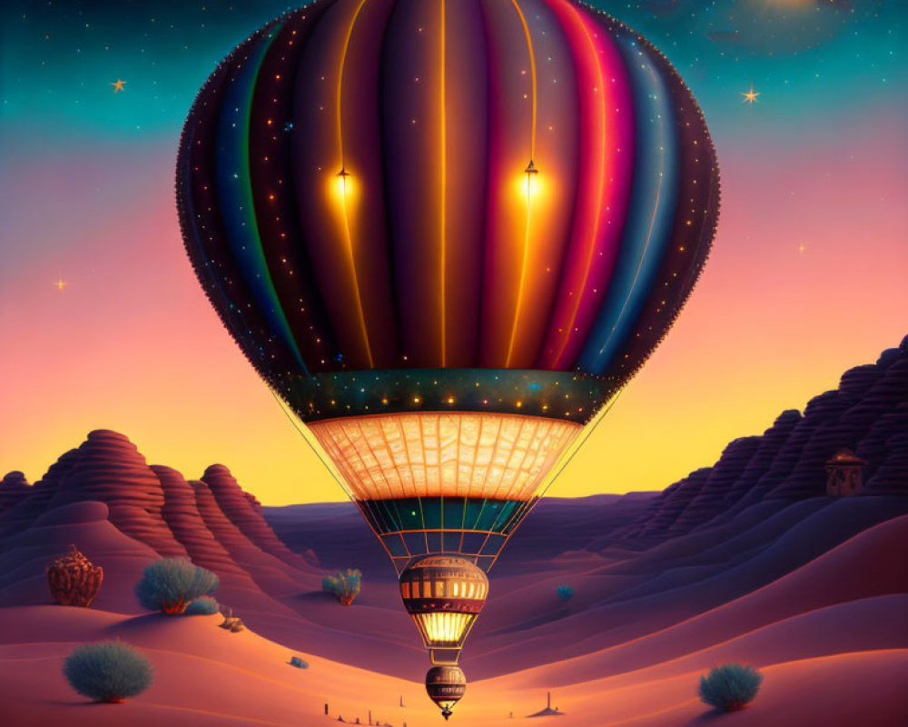 Colorful hot air balloon floats over desert landscape at dusk