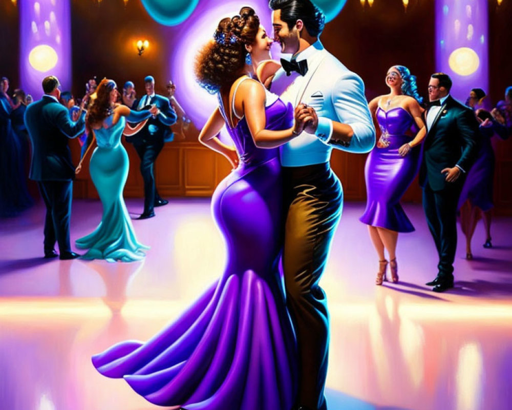 Elegantly dressed couple dancing in a romantic ballroom setting