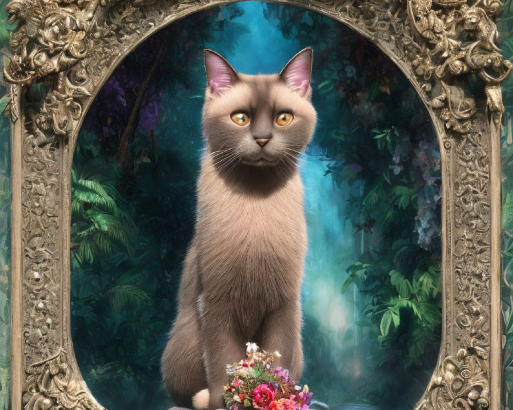 Majestic cat with blue eyes in front of forest backdrop and golden mirror