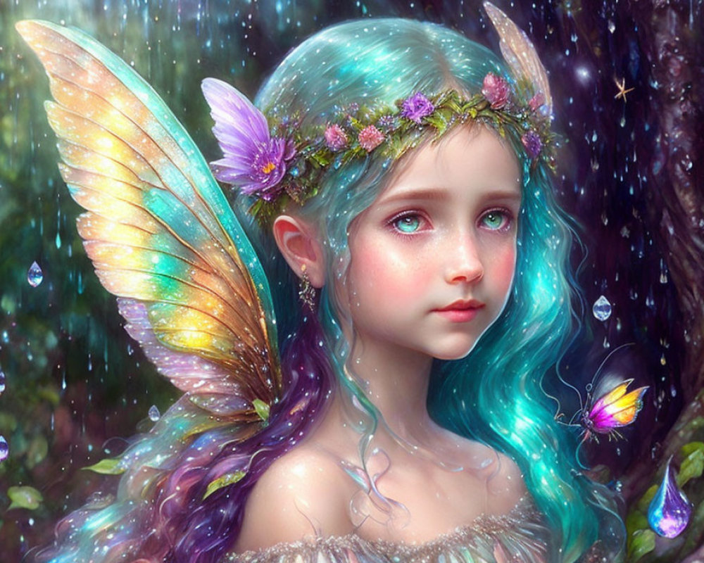 Young fairy with iridescent wings and floral crown in mystical forest.