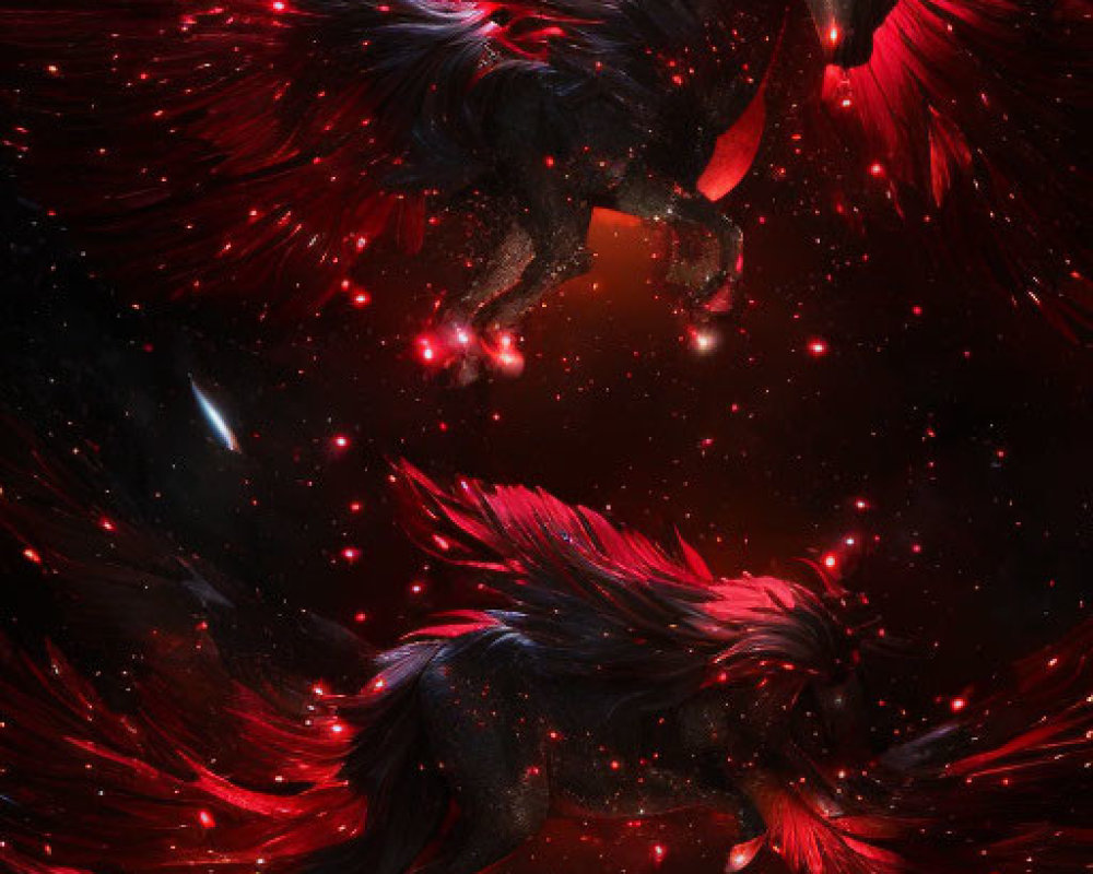 Ethereal red and black phoenixes soaring in cosmic dance