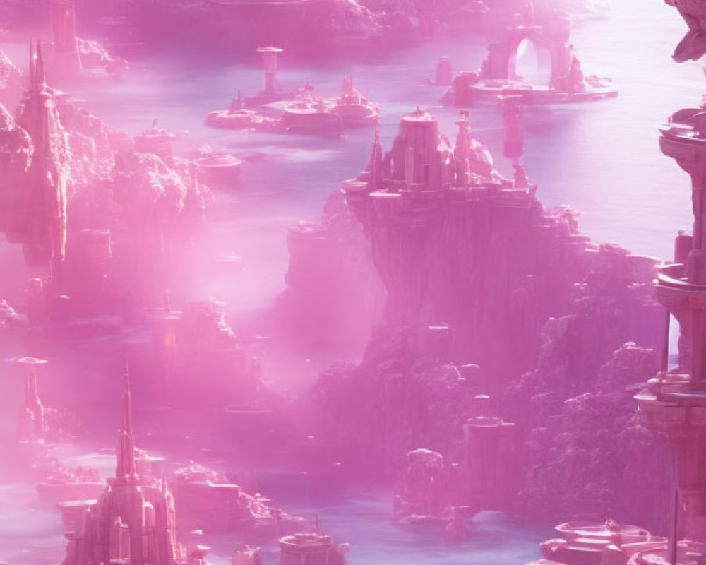 Pink-hued mist over ethereal cliffs and futuristic buildings in a serene landscape