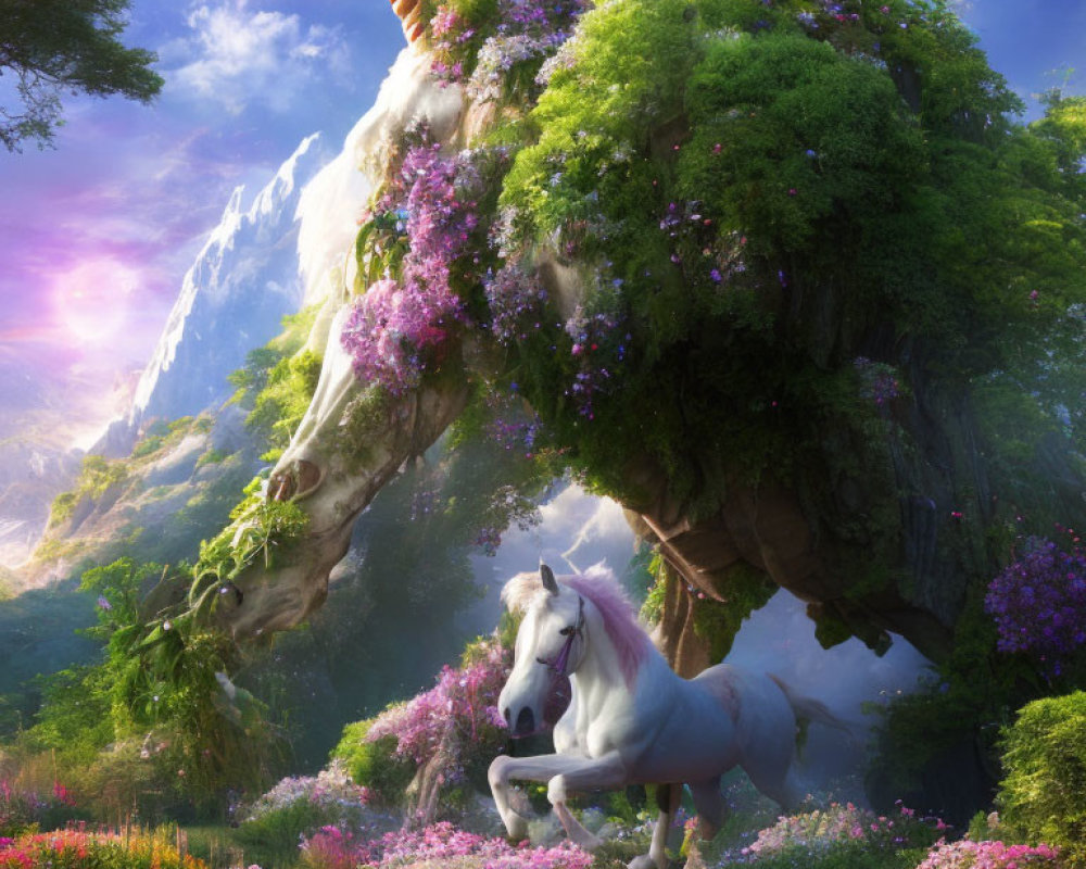 Majestic unicorn in magical landscape with floating island