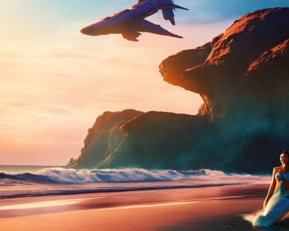 Woman in Blue Dress Watching Low-Flying Plane on Dramatic Cliff Beach