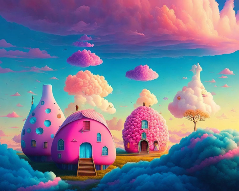 Colorful Mushroom Houses in Whimsical Landscape with Dreamy Sky