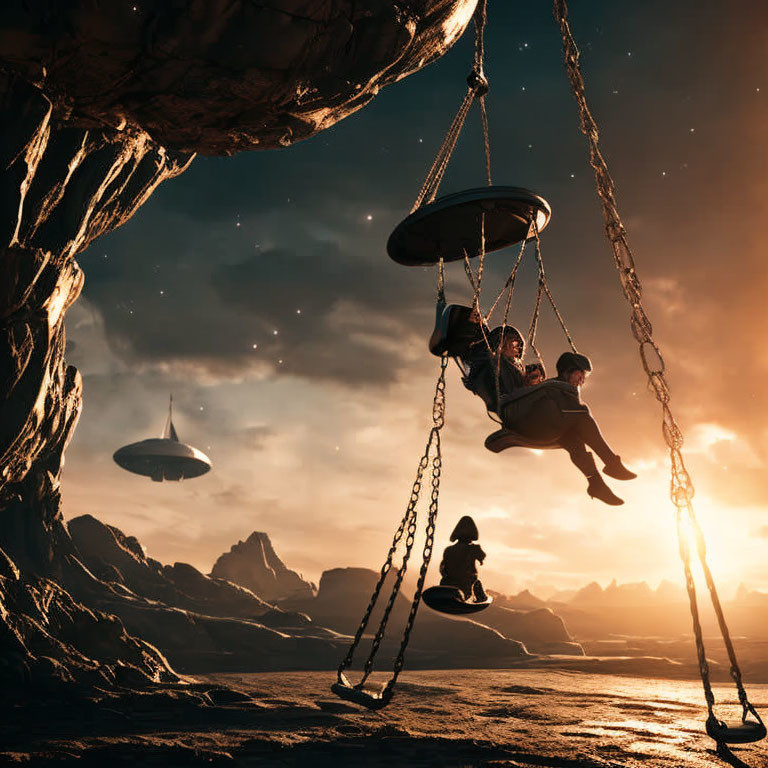 People on giant swing with mountains, sunset, and UFOs in sky