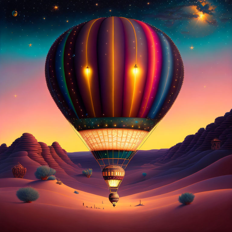 Colorful hot air balloon floats over desert landscape at dusk