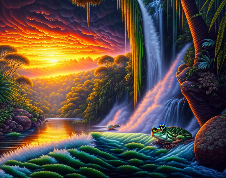 Scenic sunset over lush waterfall with frog on lily pad