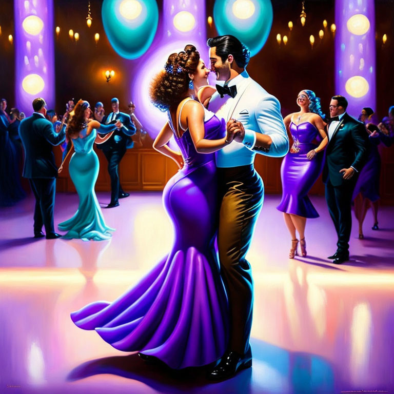 Elegantly dressed couple dancing in a romantic ballroom setting