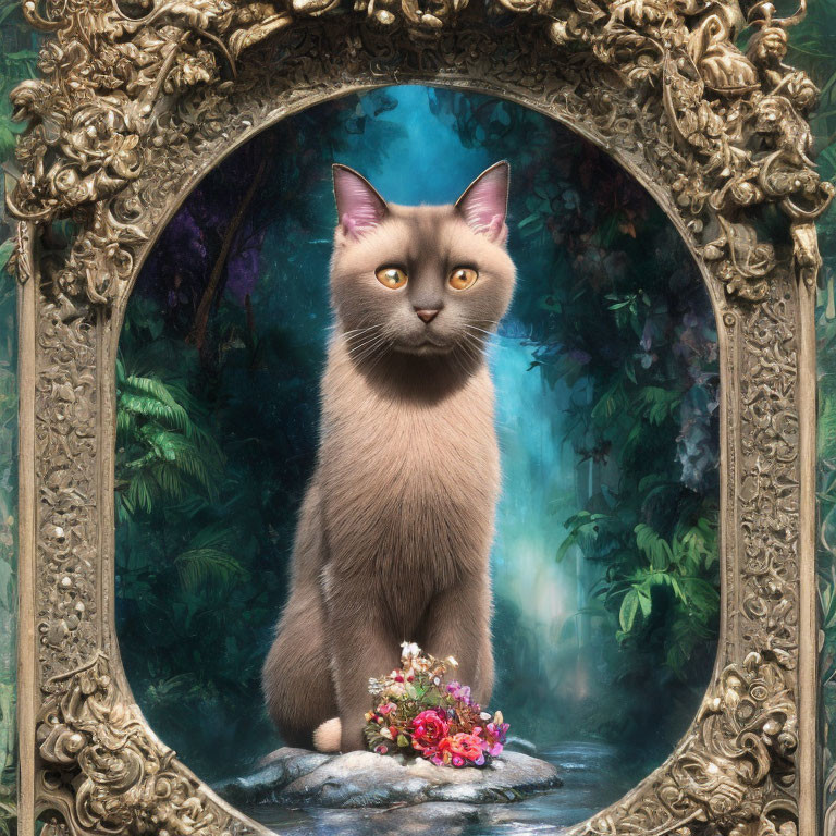 Majestic cat with blue eyes in front of forest backdrop and golden mirror