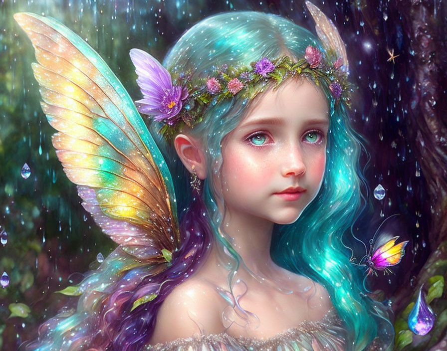 Young fairy with iridescent wings and floral crown in mystical forest.