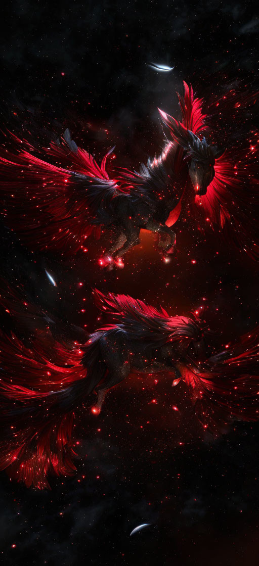 Ethereal red and black phoenixes soaring in cosmic dance