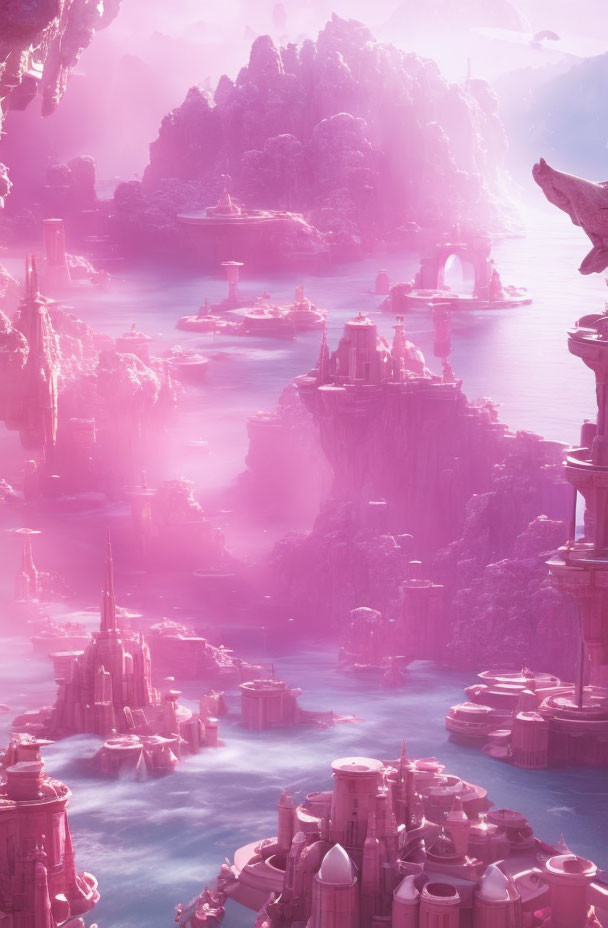 Pink-hued mist over ethereal cliffs and futuristic buildings in a serene landscape