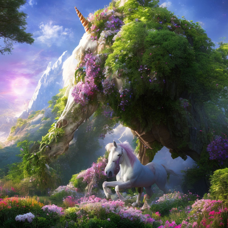 Majestic unicorn in magical landscape with floating island