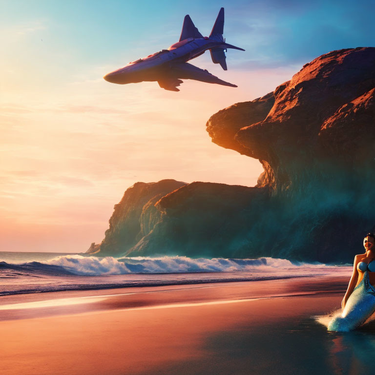 Woman in Blue Dress Watching Low-Flying Plane on Dramatic Cliff Beach