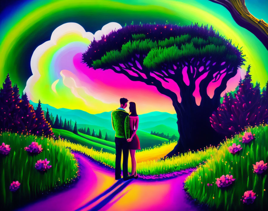 Couple holding hands under vibrant tree in colorful landscape