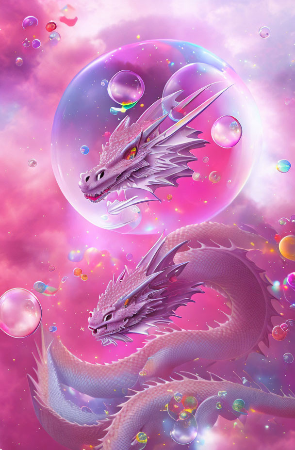 Serpentine dragons with intricate scales in cosmic scene