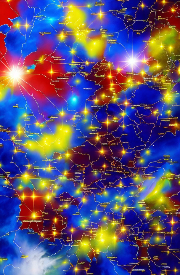 Colorful Map with Lens Flares Over Nodes on Blue Background