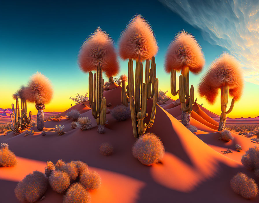 Surreal desert landscape: rounded cacti, traditional cacti, orange sand dunes