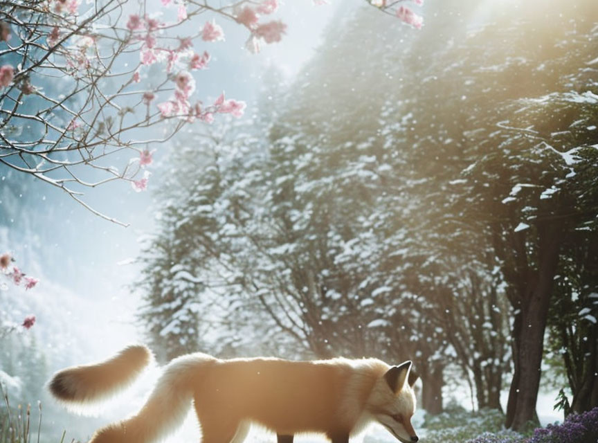 Fox in snowy landscape with pink blossoms and tall trees under sunlight