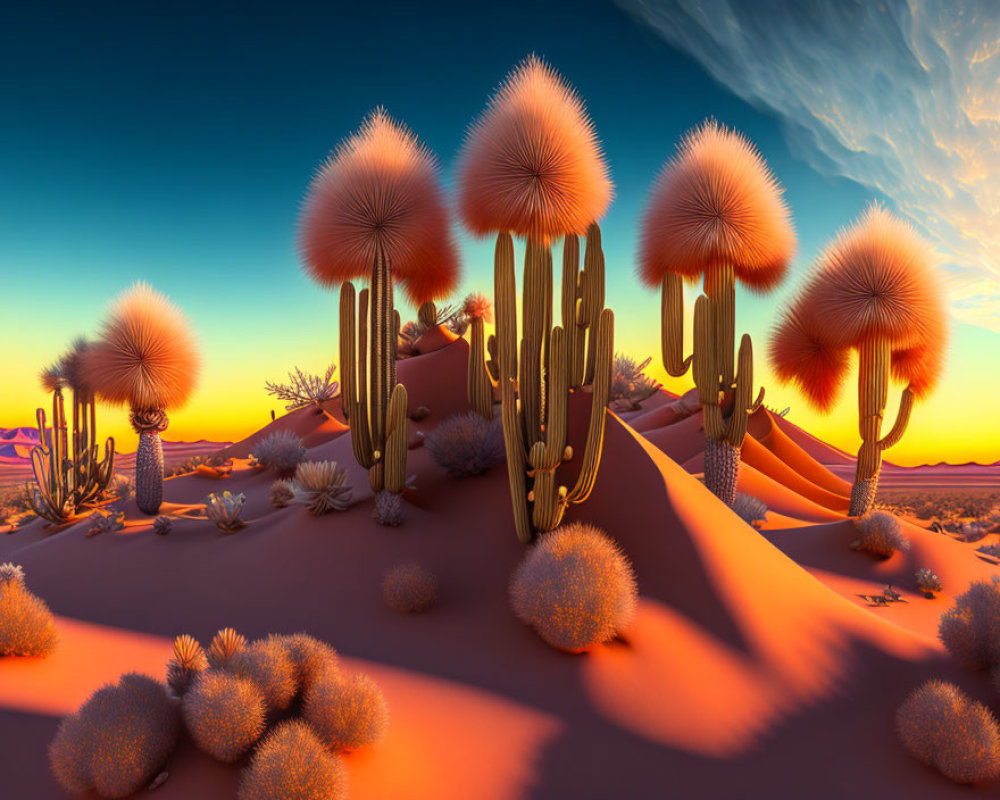 Surreal desert landscape: rounded cacti, traditional cacti, orange sand dunes