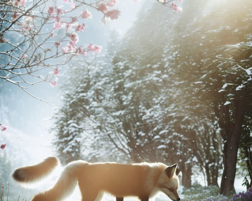 Fox in snowy landscape with pink blossoms and tall trees under sunlight