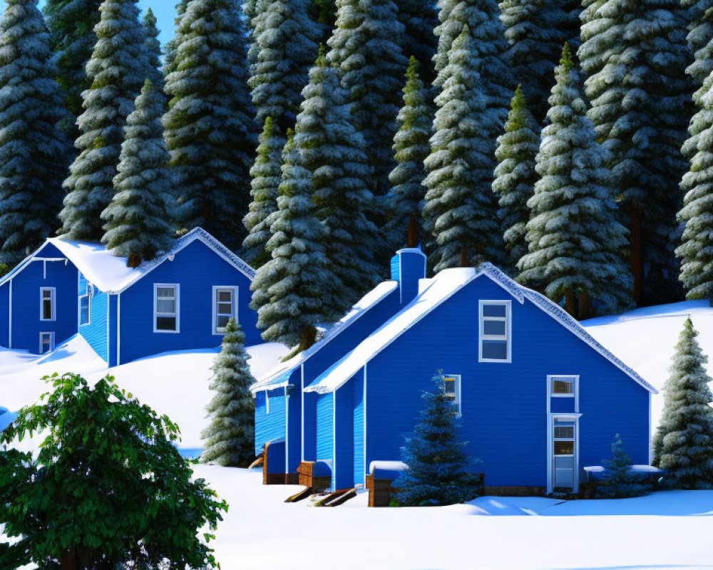 Blue houses with white roofs in snowy landscape with evergreen trees.