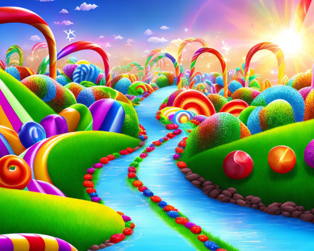 Colorful fantasy landscape with candy-themed decorations and red candy river