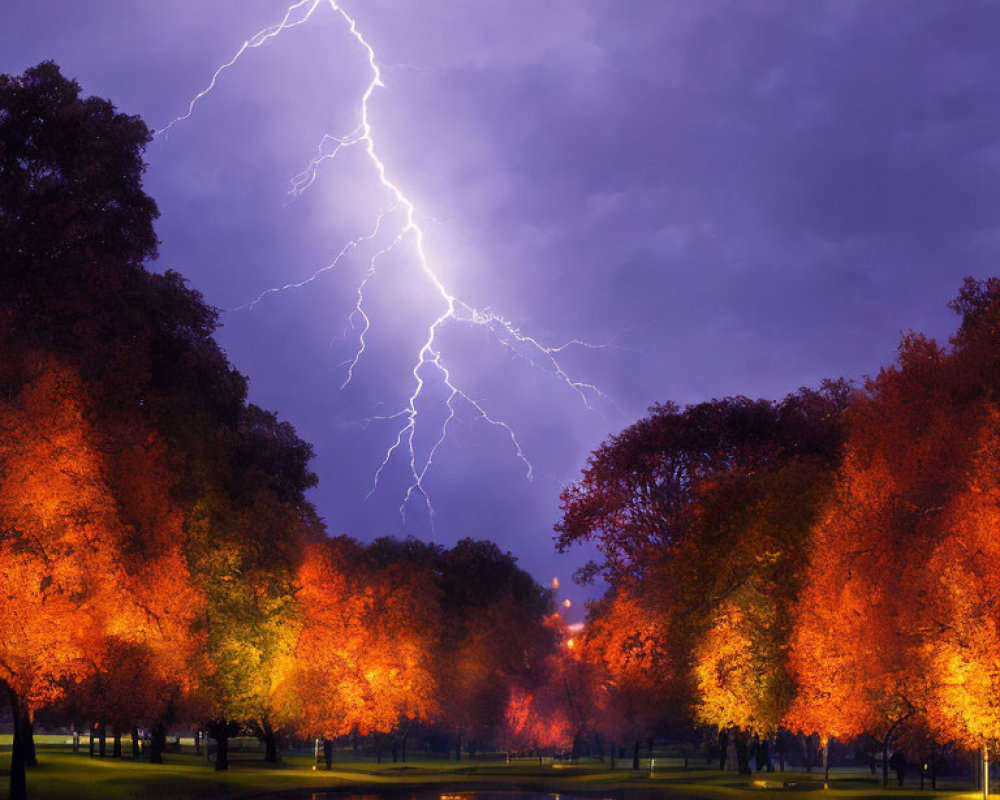 Thunderstorm lightning bolt in purple twilight sky over autumn park with illuminated trees and reflective pond