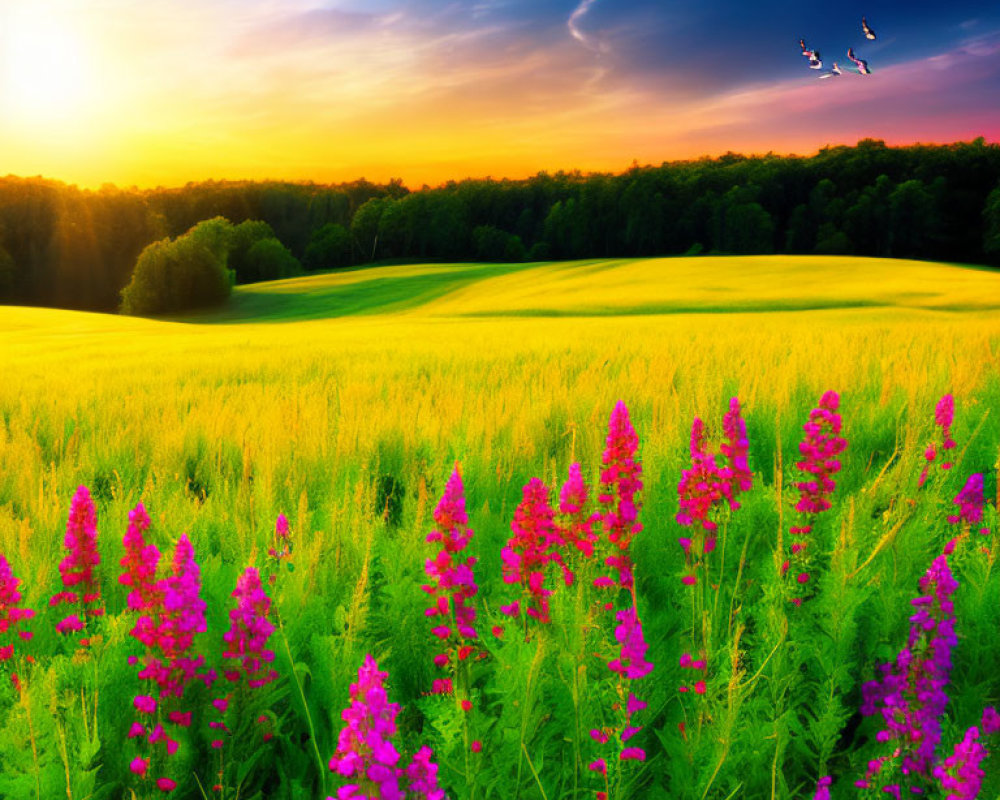 Scenic landscape with wheat field, purple flowers, trees, and sunset sky