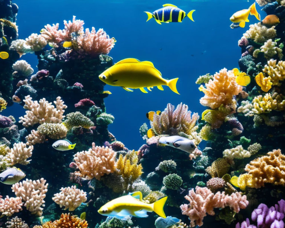 Colorful Coral Reef with Tropical Fish in Clear Blue Water