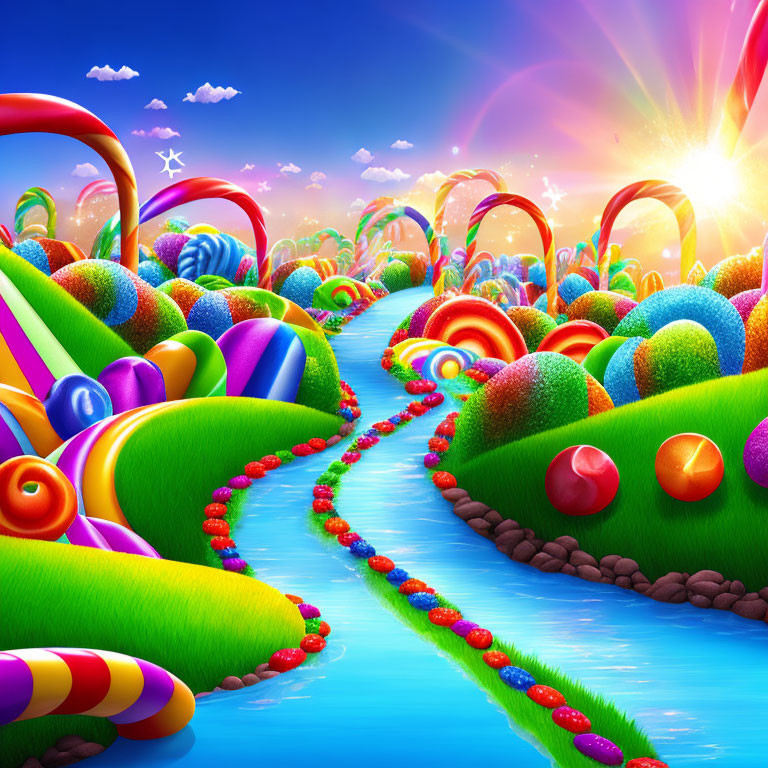 Colorful fantasy landscape with candy-themed decorations and red candy river