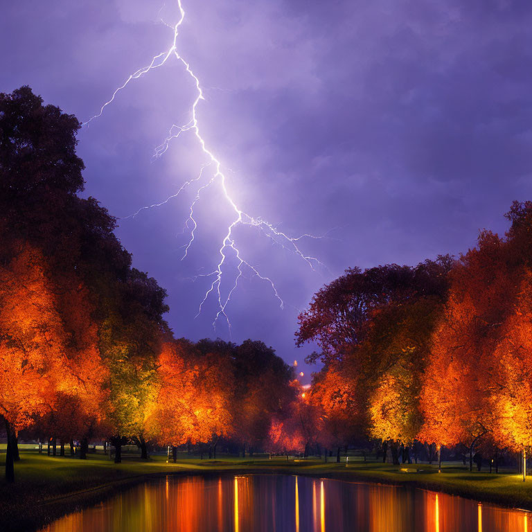 Thunderstorm lightning bolt in purple twilight sky over autumn park with illuminated trees and reflective pond