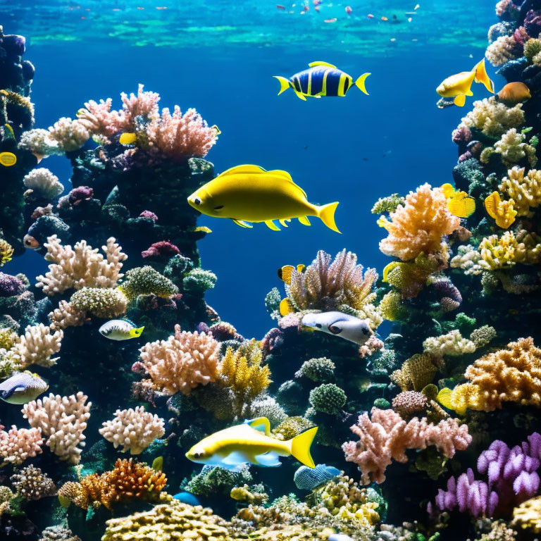 Colorful Coral Reef with Tropical Fish in Clear Blue Water