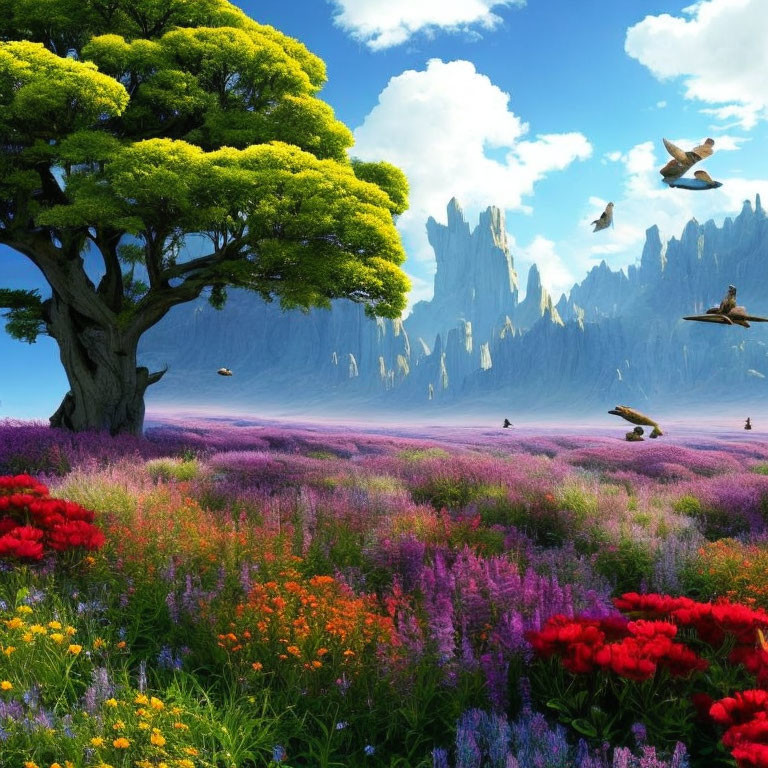 Colorful landscape with tree, flowers, birds, and cliffs under blue sky