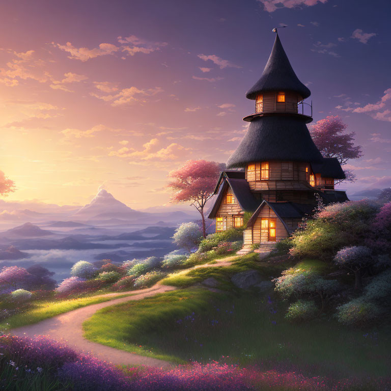 Spired roof fairy-tale cottage in pink blossoms and rolling hills