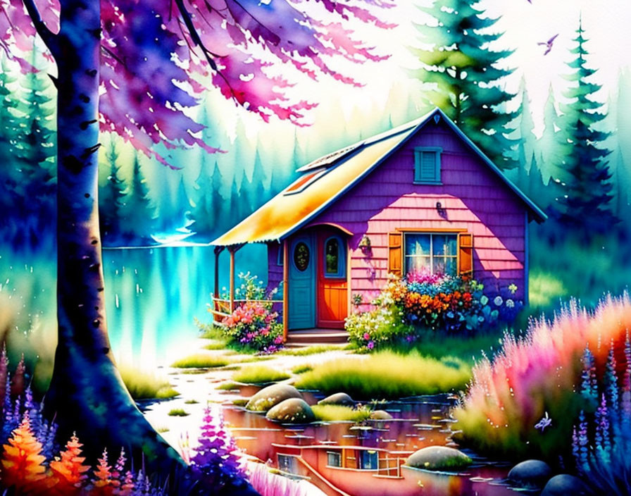 Colorful Illustration: Quaint Cottage by Serene Lake & Lush Forests