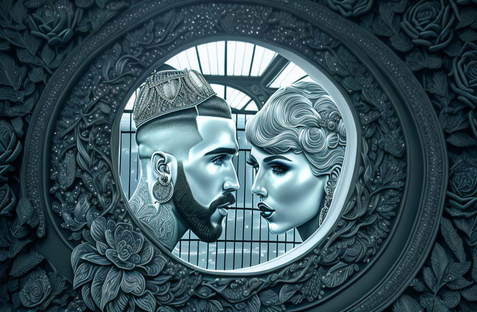 Circular Frame with Stylized Man and Woman in Profile, Elaborate Hairstyles, and Tatto