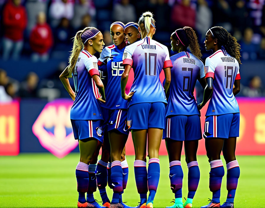 Blue and Red-Striped Uniform Women's Soccer Team Strategizing on Field