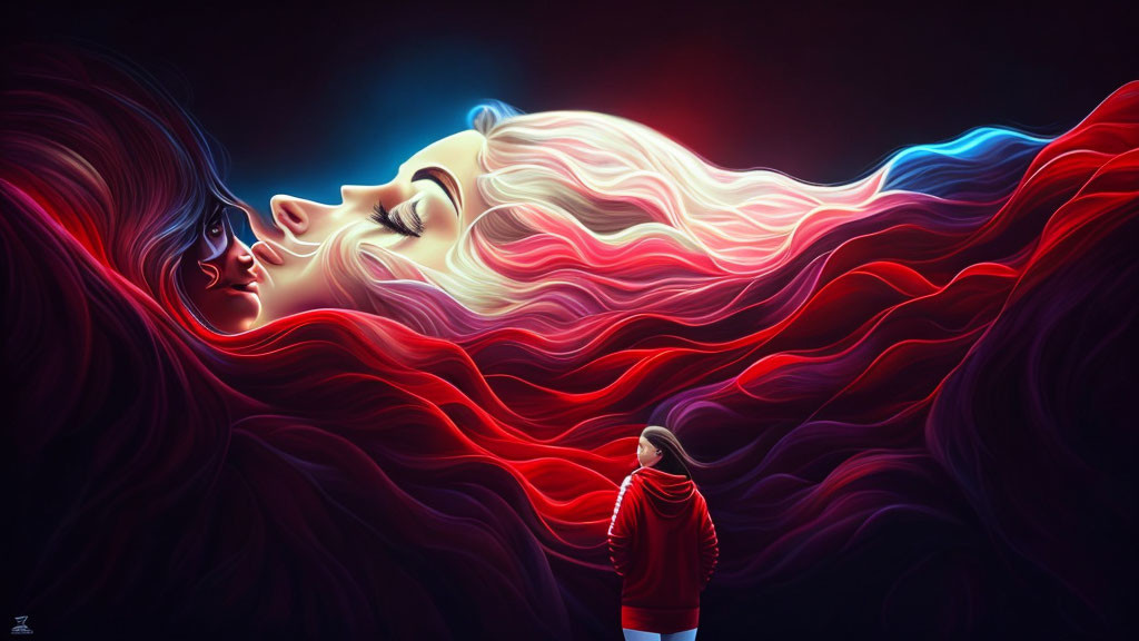 Vibrant digital artwork: Person in red hoodie, ethereal faces with flowing hair in red and