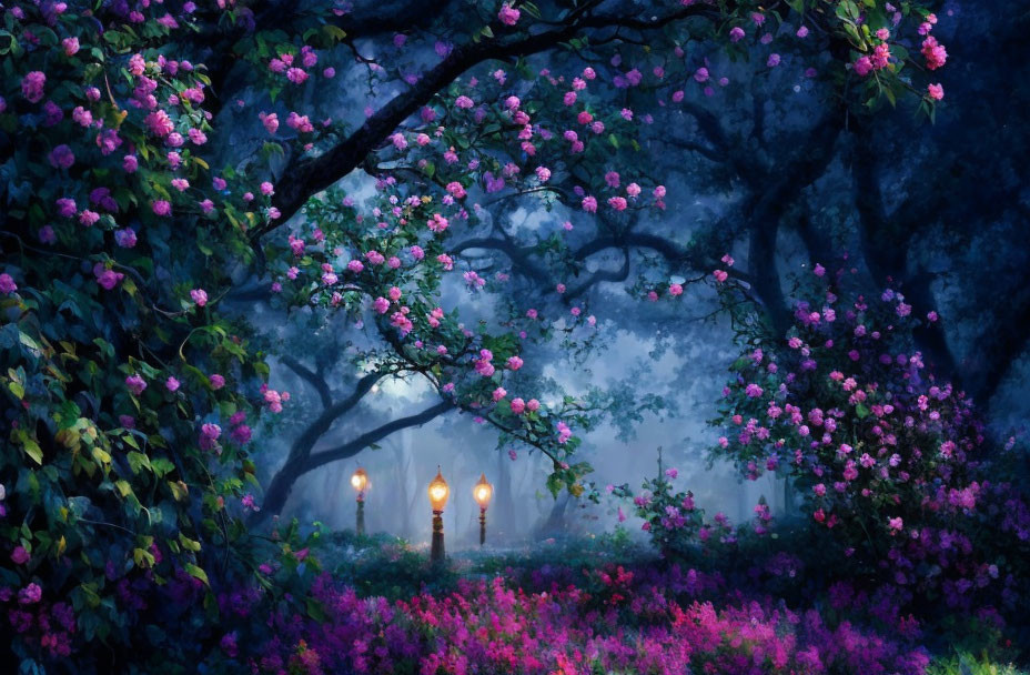 Twilight forest scene with pink flowers, hazy atmosphere, and lit torches