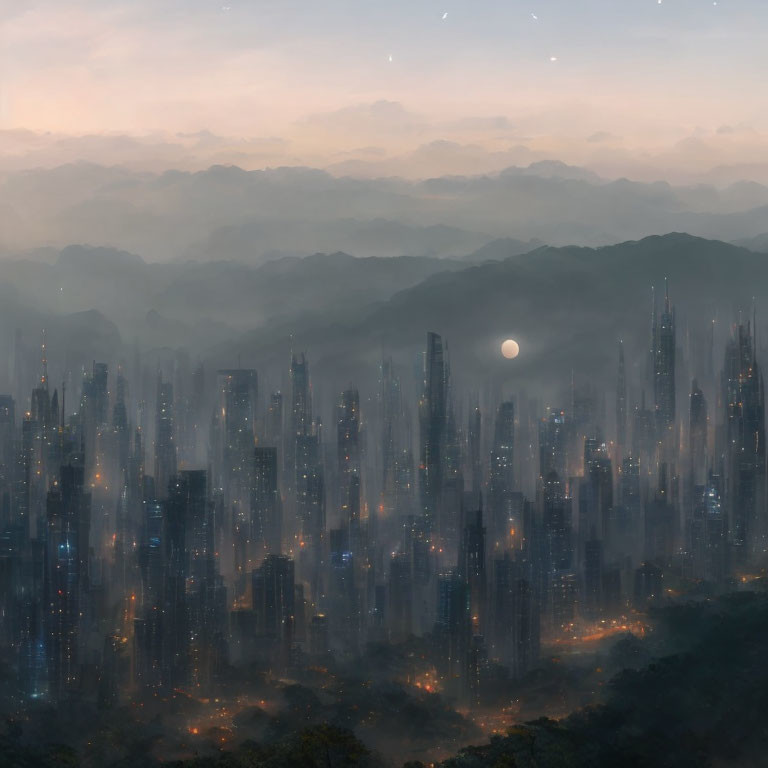 Mystical cityscape with mist, skyscrapers, stars, and moon