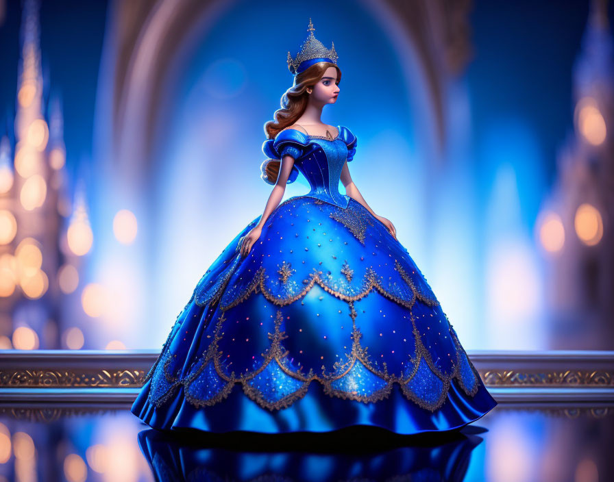 Princess Doll in Blue Gown with Tiara and Castle Background