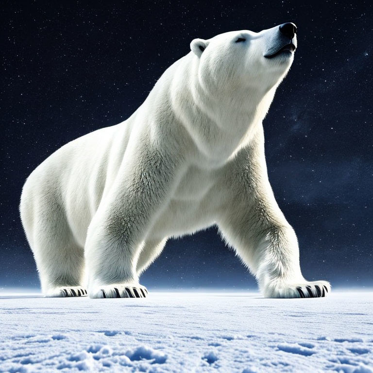 Majestic polar bear on snowy terrain under starry night sky