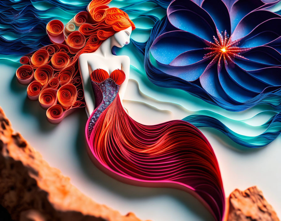 Artistic image of red-haired figure in paper quilling style against vibrant floral backdrop