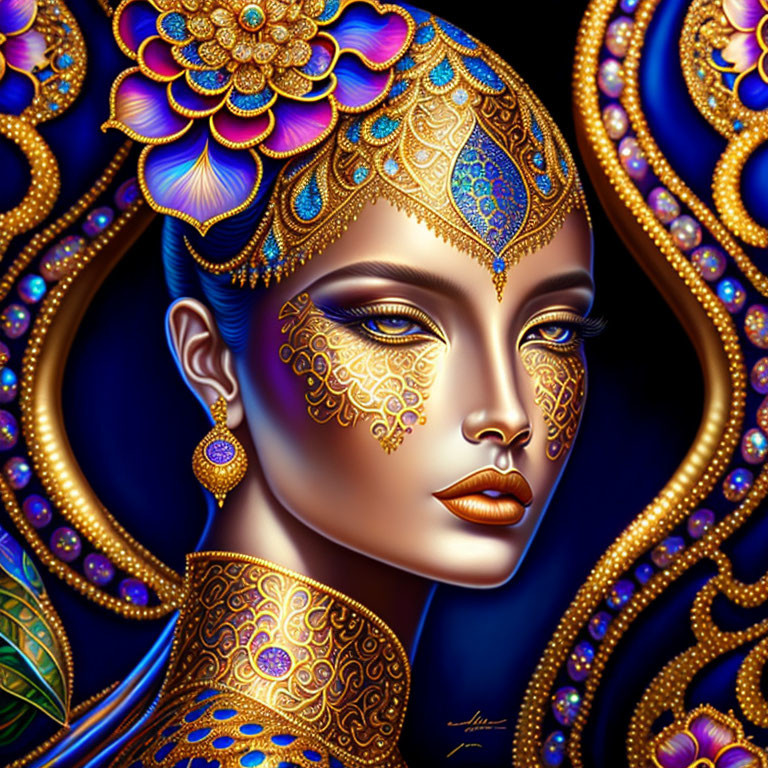 Detailed Portrait of Woman in Gold and Blue Jewelry