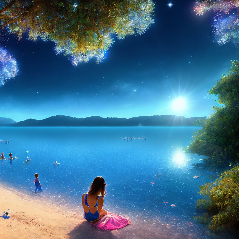 Girl in Pink Skirt by Shimmering Lake at Sunset