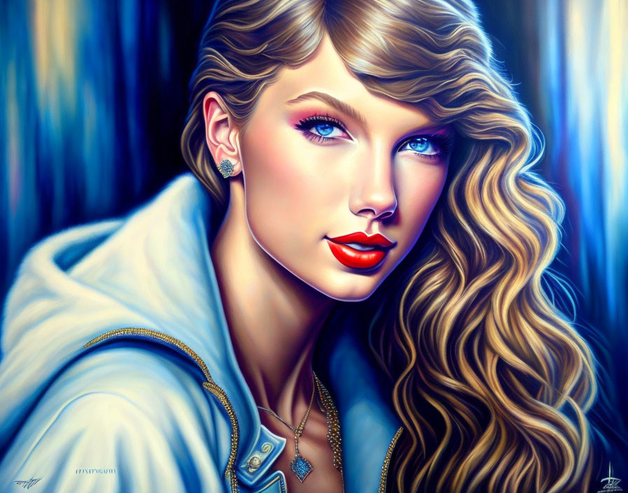 Digital painting of woman with blonde hair, blue eyes, red lipstick, blue top