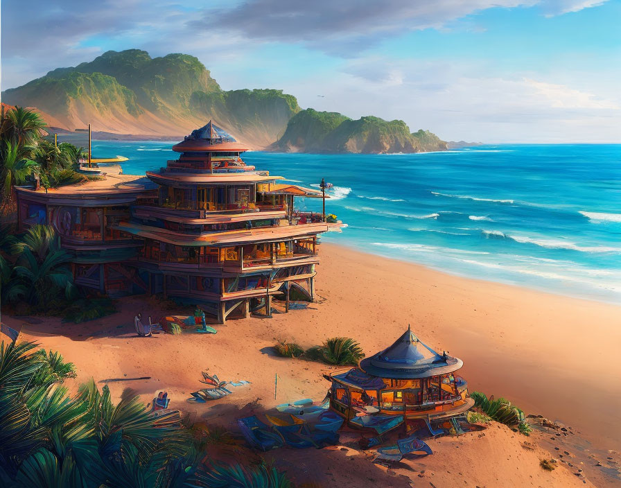 Tranquil Asian-style beach landscape with wooden buildings, sandy shores, turquoise ocean, and lush green