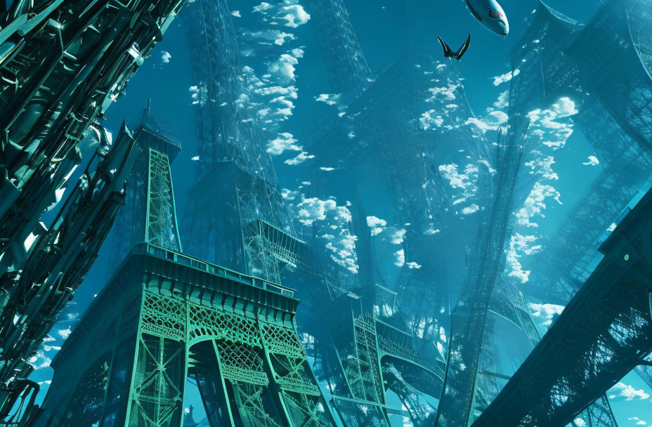 Submerged city with towering structures and marine life in clear blue waters